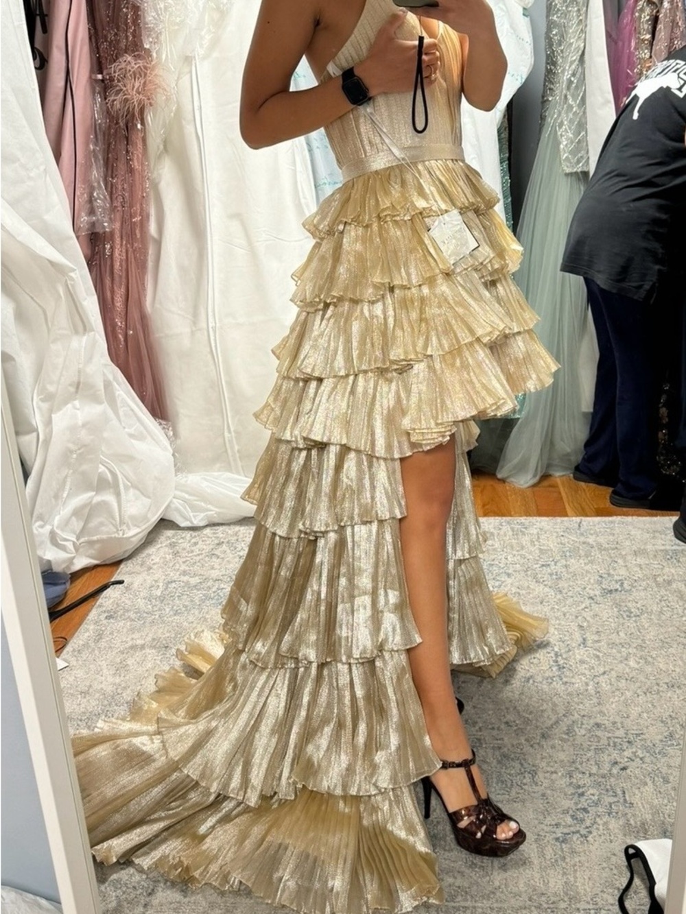 Gold Metallic Tiered Ruffle High-Low Gown